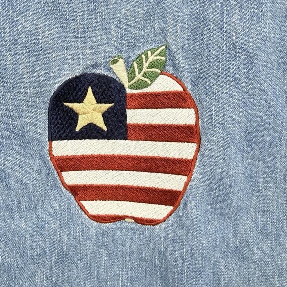 Christopher & Banks Denim Jumper Dress 14 USA Flag Apple Embroidery 90s Momcore - Picture 4 of 6